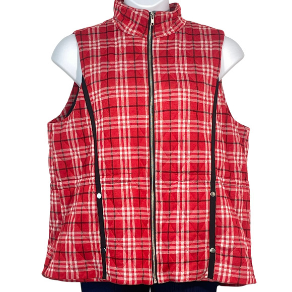 Erin London Sz XL Quilted Zip-Up Vest Pockets Red Plaid Flannel Lined Equestrian - Picture 1 of 11